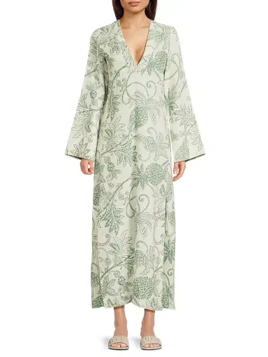 Lemlem Women's Theodora Linen Caftan Dress - Mokata Green - Size Large | Thumbnail 3 Lemlem Women's Theodora Linen Caftan Dress - Mokata Green - Size Large | Thumbnail 3