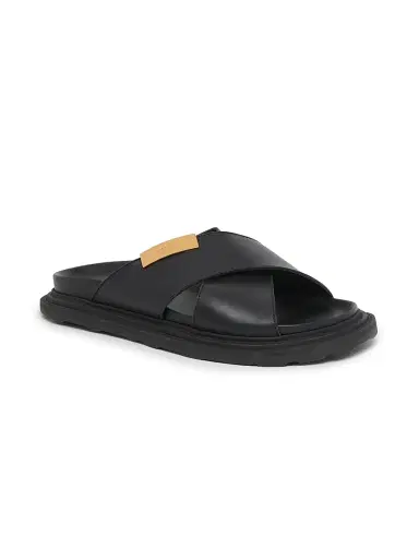 MOSCHINO Men's Logo Leather Crisscross Sandals - Black - Size 13 | Thumbnail 2