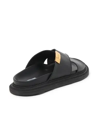 MOSCHINO Men's Logo Leather Crisscross Sandals - Black - Size 13 | Thumbnail 3