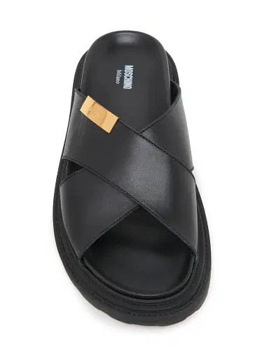 MOSCHINO Men's Logo Leather Crisscross Sandals - Black - Size 13 | Thumbnail 4