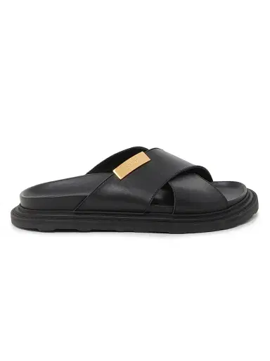 MOSCHINO Men's Logo Leather Crisscross Sandals - Black - Size 13 | Thumbnail 1