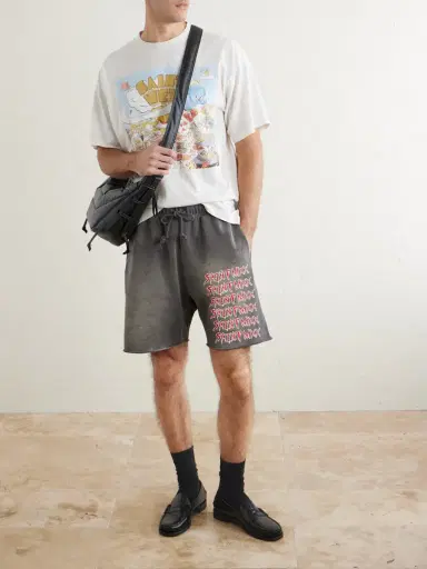 SAINT Mxxxxxx Wide-Leg Logo-Print Distressed Cotton-Jersey Drawstring Shorts - Men | Thumbnail 2 SAINT Mxxxxxx Wide-Leg Logo-Print Distressed Cotton-Jersey Drawstring Shorts - Men | Thumbnail 2