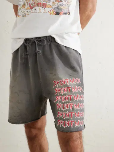 SAINT Mxxxxxx Wide-Leg Logo-Print Distressed Cotton-Jersey Drawstring Shorts - Men | Thumbnail 5 SAINT Mxxxxxx Wide-Leg Logo-Print Distressed Cotton-Jersey Drawstring Shorts - Men | Thumbnail 5