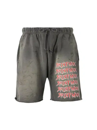 SAINT Mxxxxxx Wide-Leg Logo-Print Distressed Cotton-Jersey Drawstring Shorts - Men | Thumbnail 1 SAINT Mxxxxxx Wide-Leg Logo-Print Distressed Cotton-Jersey Drawstring Shorts - Men | Thumbnail 1
