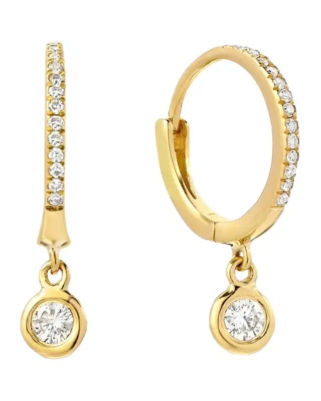 14k Gold Diamond Huggie Earrings with Bezel Drops