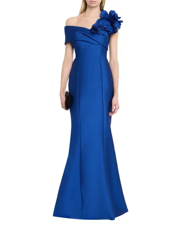 Rickie Freeman for Teri Jon One-Shoulder Floral Applique Mermaid Gown