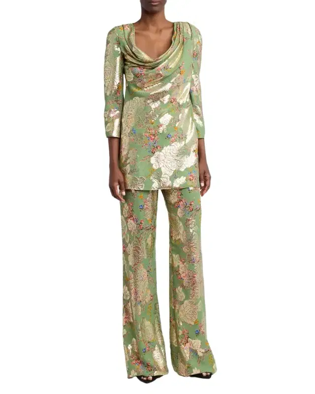Metallic Floral Jacquard Straight-Leg Pants