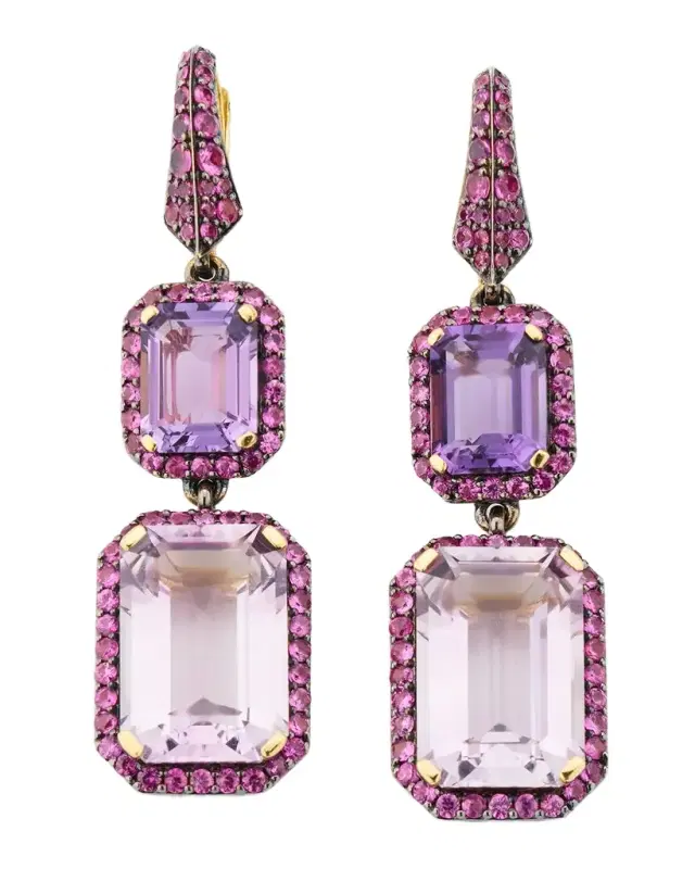 18K Rainforest Amethyst and Pink Sapphire Emerald-Cut Earrings