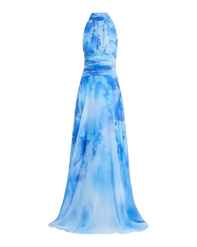 Cloud-Print Chiffon Halter Gown