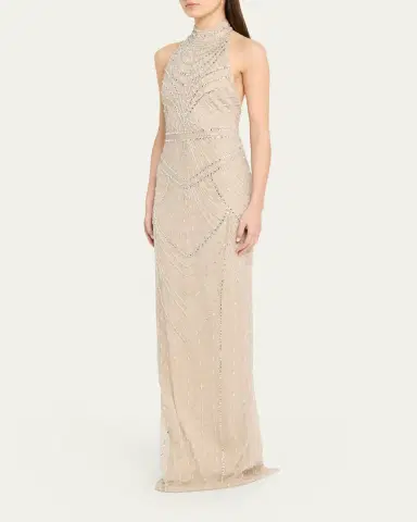 PAMELLA ROLAND Embroidered Tulle Halter Gown | Thumbnail 4