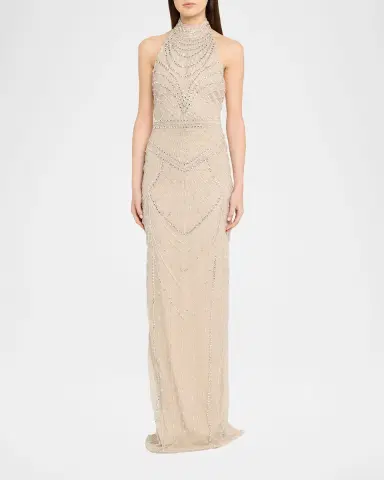 PAMELLA ROLAND Embroidered Tulle Halter Gown | Thumbnail 6