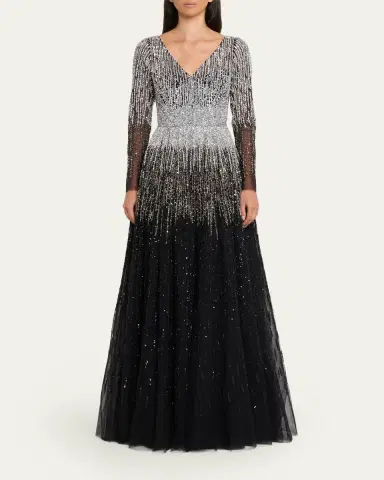 PAMELLA ROLAND Ombre Embroidered Tulle Long-Sleeve Gown | Thumbnail 2 PAMELLA ROLAND Ombre Embroidered Tulle Long-Sleeve Gown | Thumbnail 2