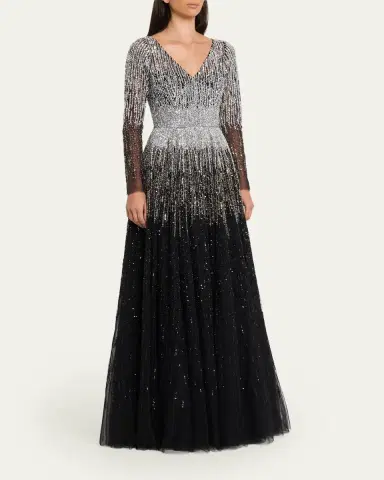 PAMELLA ROLAND Ombre Embroidered Tulle Long-Sleeve Gown | Thumbnail 4 PAMELLA ROLAND Ombre Embroidered Tulle Long-Sleeve Gown | Thumbnail 4