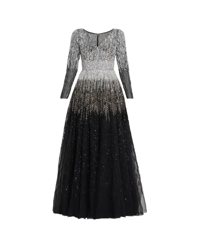 Pamella Roland Ombre Embroidered Tulle Long-Sleeve Gown
