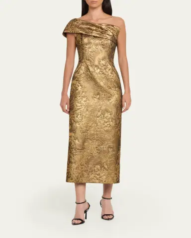 PAMELLA ROLAND One-Shoulder Metallic Jacquard Midi Cocktail Dress | Thumbnail 2