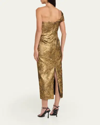 PAMELLA ROLAND One-Shoulder Metallic Jacquard Midi Cocktail Dress | Thumbnail 3