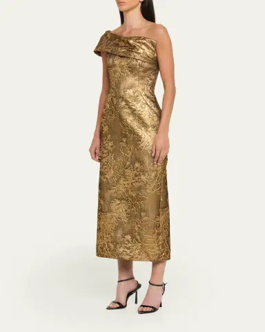PAMELLA ROLAND One-Shoulder Metallic Jacquard Midi Cocktail Dress | Thumbnail 4