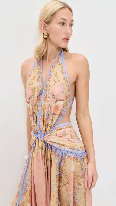 Zimmermann Indra Plunge Halter Maxi Dress Pink Scarf Floral | Thumbnail 3