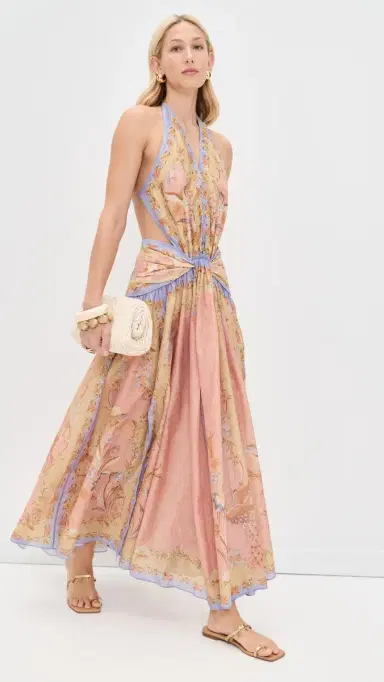 Zimmermann Indra Plunge Halter Maxi Dress Pink Scarf Floral | Thumbnail 6