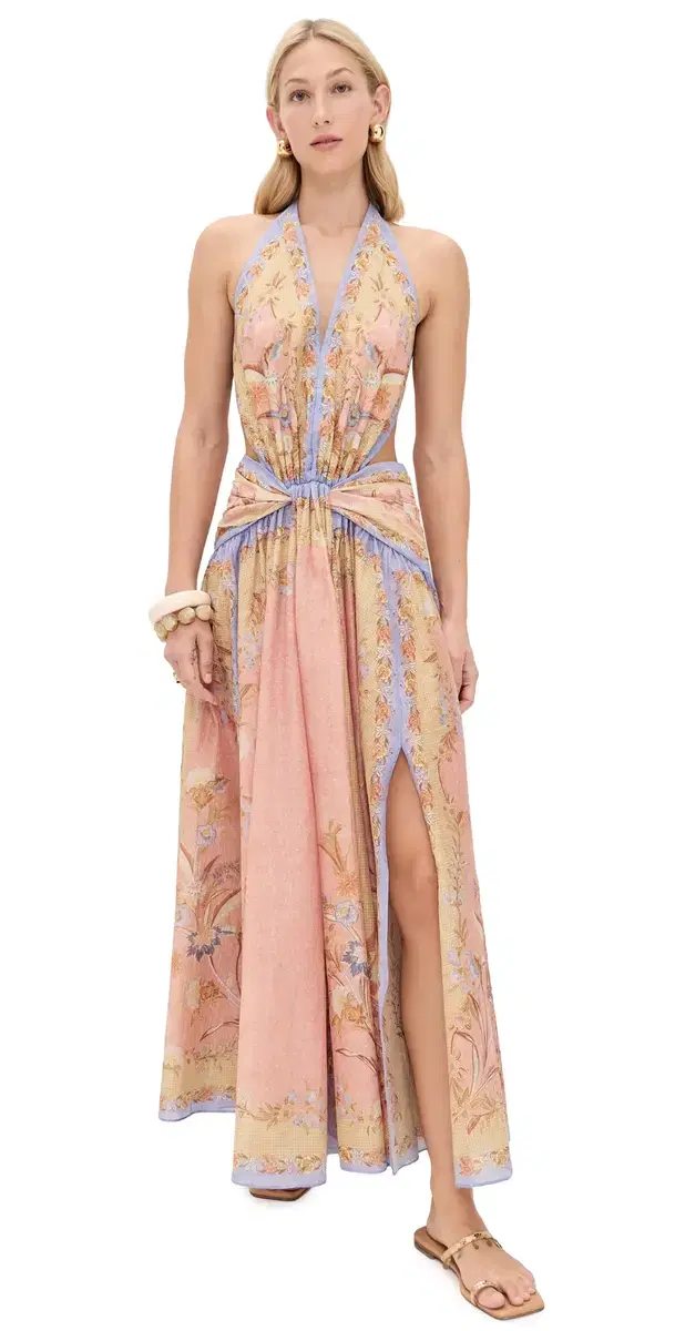 Indra Plunge Halter Maxi Dress Pink Scarf Floral
