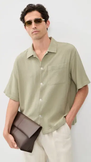 FRAME Open Weave Short Sleeve Shirt Moss Green | Thumbnail 2