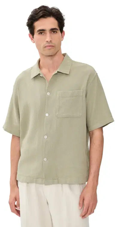 FRAME Open Weave Short Sleeve Shirt Moss Green | Thumbnail 1