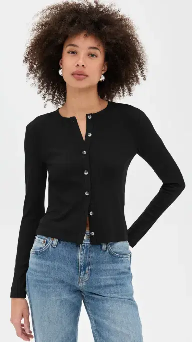 perfectwhitetee Maureen uxe Rib Fitted Cardigan True Black | Thumbnail 2