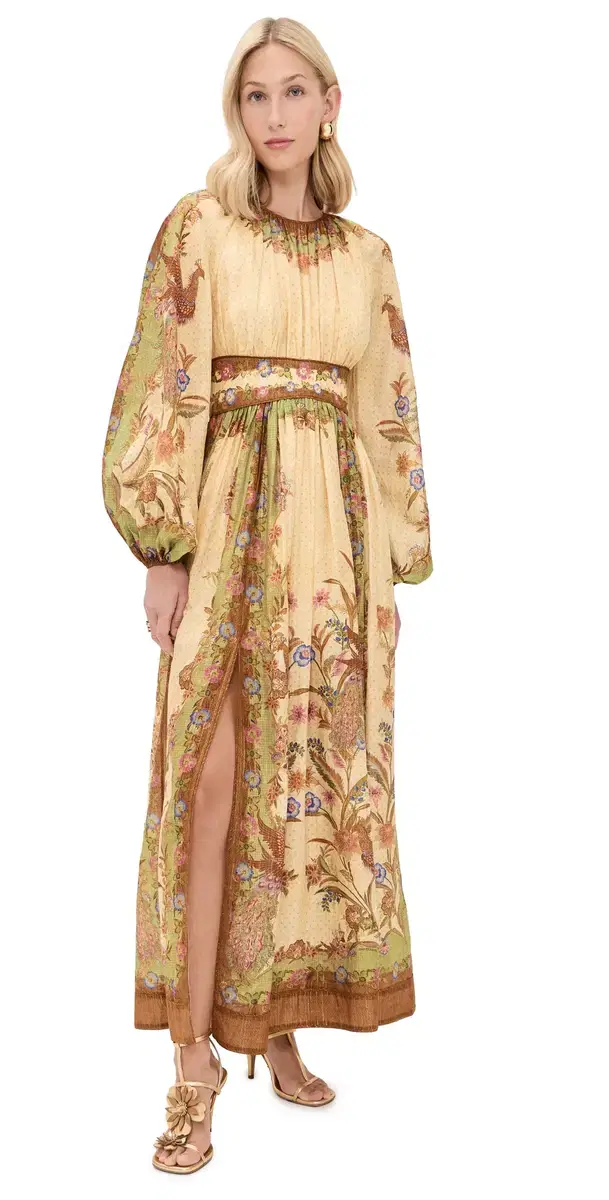 Indra Waisted Maxi Dress Cream Khaki Scarf Floral