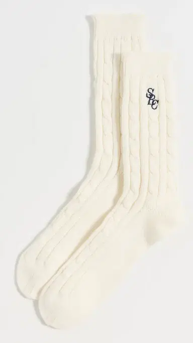 Sporty & Rich Cable Knit Socks Ecru Navy One Size | Thumbnail 2
