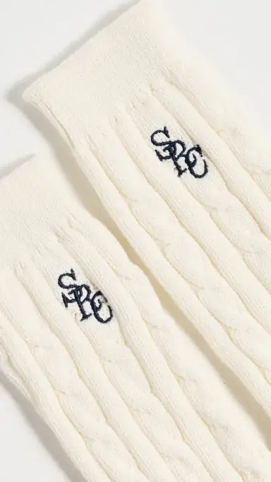 Sporty & Rich Cable Knit Socks Ecru Navy One Size | Thumbnail 3