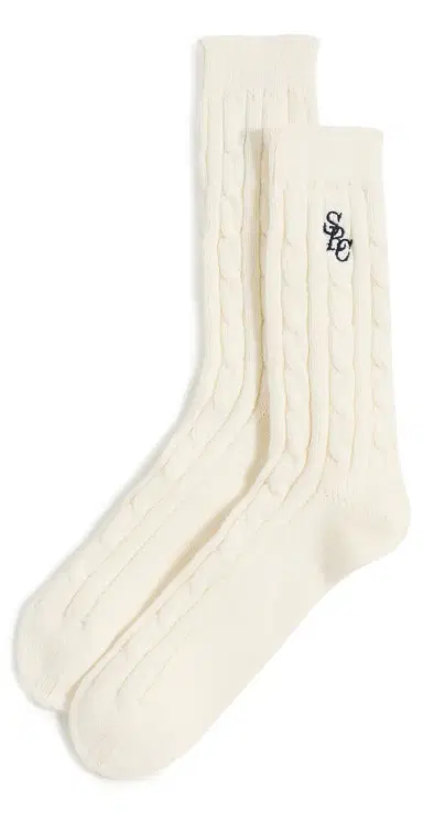 Sporty & Rich Cable Knit Socks Ecru Navy One Size | Thumbnail 1