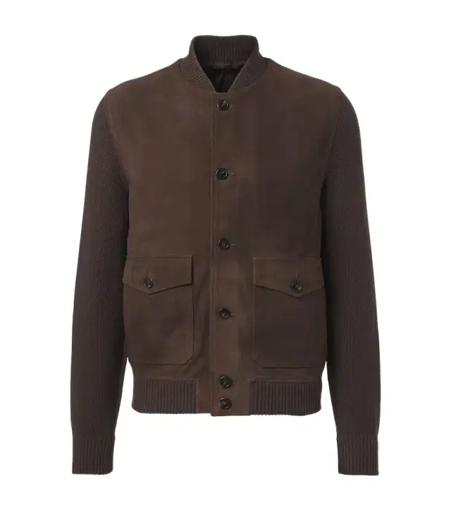 Cotton-trimmed suede bomber jacket