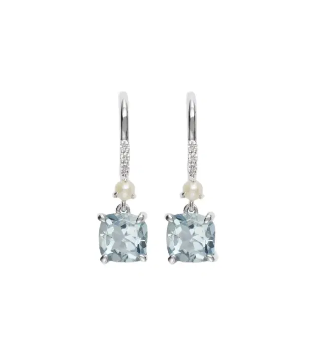 Stone and Strand 14kt white gold earrings with aquamarines, pearls, and diamonds