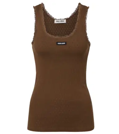 Miu Miu Lace-trimmed pointelle cotton tank top | Thumbnail 1