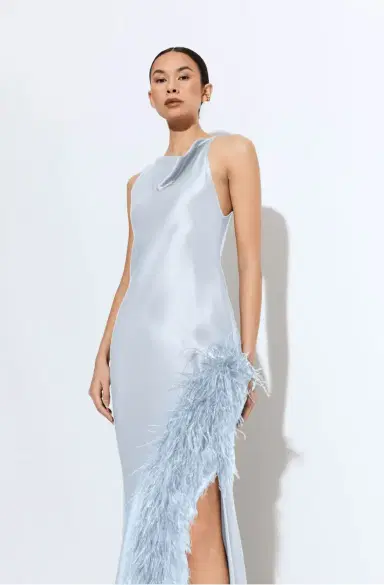Lapointe Satin Halter Gown With Feathers | Thumbnail 3 Lapointe Satin Halter Gown With Feathers | Thumbnail 3