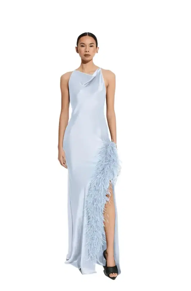 Satin Halter Gown With Feathers