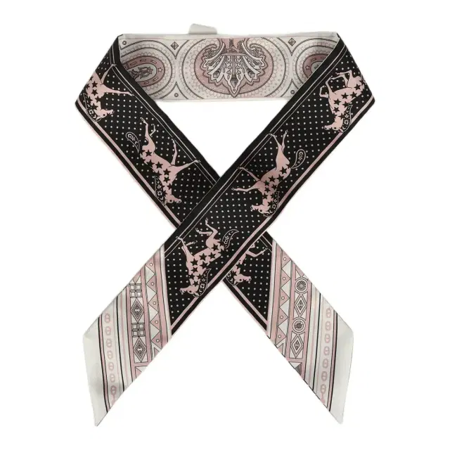 Hermes "Cheval De Coeur Bandana" Black, Blanc and Vieux Rose Multi Silk Twilly