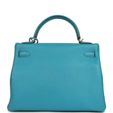 HERMÈS Pre-owned Hermes Kelly Retourne 32 Turquoise Clemence Gold Hardware | Thumbnail 4 HERMÈS Pre-owned Hermes Kelly Retourne 32 Turquoise Clemence Gold Hardware | Thumbnail 4