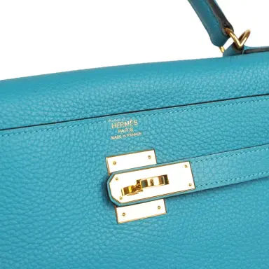 HERMÈS Pre-owned Hermes Kelly Retourne 32 Turquoise Clemence Gold Hardware | Thumbnail 7 HERMÈS Pre-owned Hermes Kelly Retourne 32 Turquoise Clemence Gold Hardware | Thumbnail 7