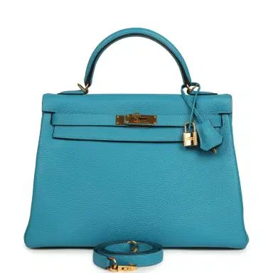HERMÈS Pre-owned Hermes Kelly Retourne 32 Turquoise Clemence Gold Hardware | Thumbnail 1 HERMÈS Pre-owned Hermes Kelly Retourne 32 Turquoise Clemence Gold Hardware | Thumbnail 1