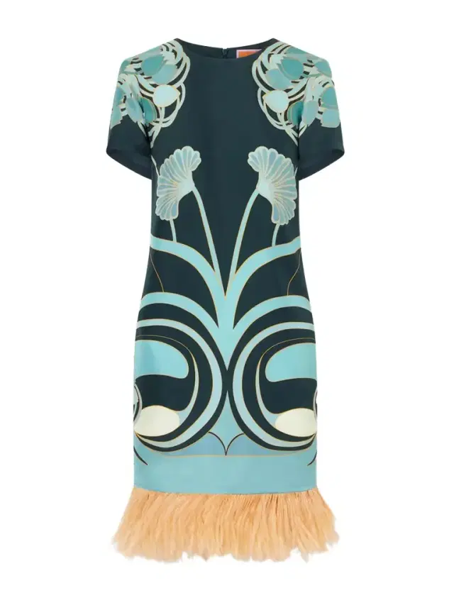 La DoubleJ Swing Printed Feather-trimmed Silk-twill Mini Dress