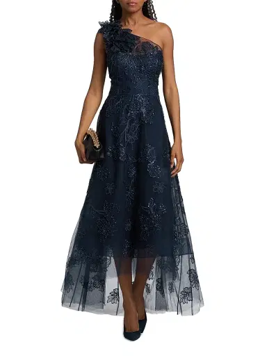 Teri Jon by Rickie Freeman Women's Flower Embellished One-Shoulder Tea-Length Dress - Navy - Size 14 | Thumbnail 2