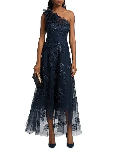Teri Jon by Rickie Freeman Women's Flower Embellished One-Shoulder Tea-Length Dress - Navy - Size 14 | Thumbnail 3