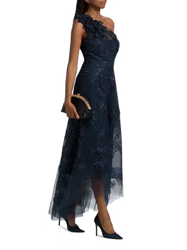 Teri Jon by Rickie Freeman Women's Flower Embellished One-Shoulder Tea-Length Dress - Navy - Size 14 | Thumbnail 4