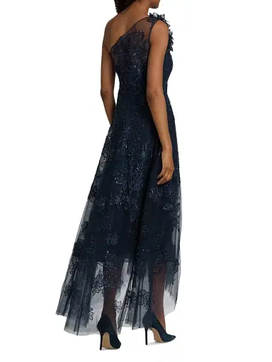 Teri Jon by Rickie Freeman Women's Flower Embellished One-Shoulder Tea-Length Dress - Navy - Size 14 | Thumbnail 5