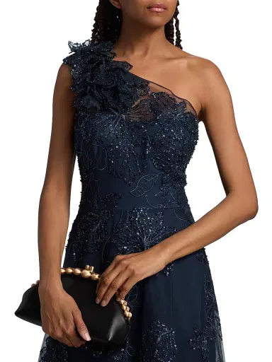 Teri Jon by Rickie Freeman Women's Flower Embellished One-Shoulder Tea-Length Dress - Navy - Size 14 | Thumbnail 6