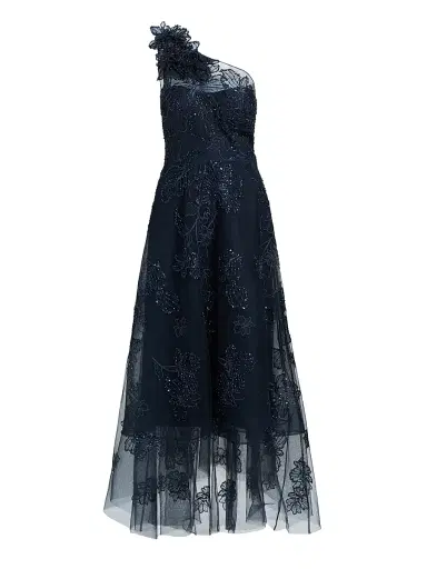 Teri Jon by Rickie Freeman Women's Flower Embellished One-Shoulder Tea-Length Dress - Navy - Size 14 | Thumbnail 1