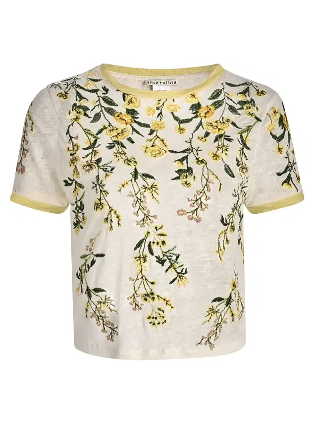 ALICE + OLIVIA Women's Cindy Embroidered Linen Crop T-Shirt - Fresh Air Butter