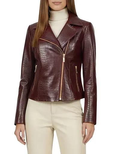 Gorski Women's Select Nappa Leather Croco Embossed Jacket - Burgundy - Size Large | Thumbnail 2
