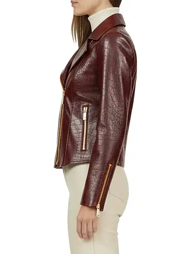 Gorski Women's Select Nappa Leather Croco Embossed Jacket - Burgundy - Size Large | Thumbnail 3